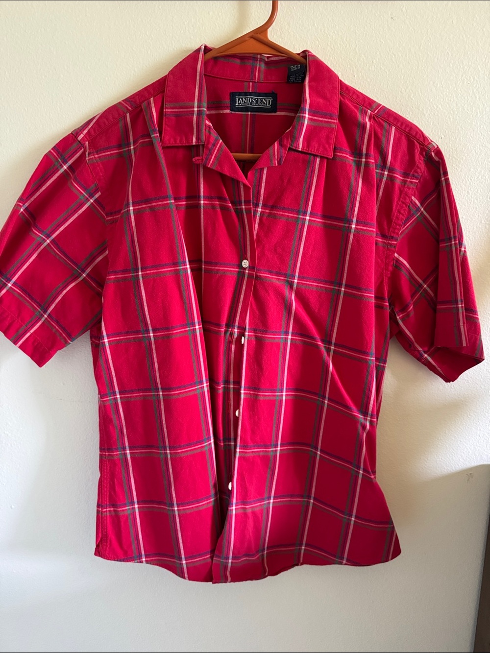 Lands' End Red Plaid Short-Sleeve Button-Up Shirt